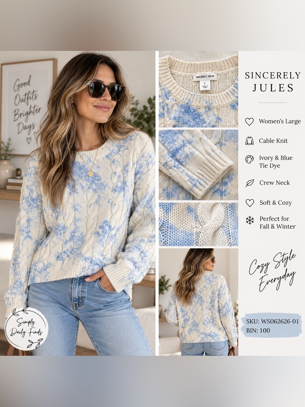 Sincerely Jules Large Ivory Blue Tie Dye Cable Knit Crewneck Sweater
